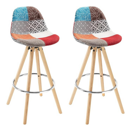 Funky Colourful Patchwork Barstool Chairs Set Of 2, white background.