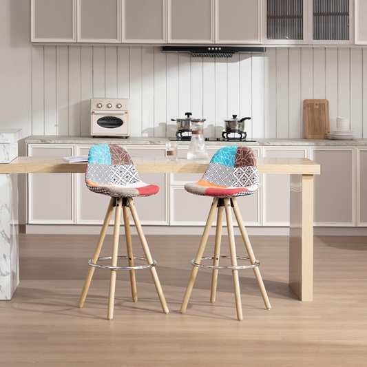 Funky Colourful Patchwork Barstool Chairs Set Of 2, set in a modern kitchen.