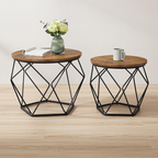 Geometric coffee table set with sculptural metal bases, brown front view.
