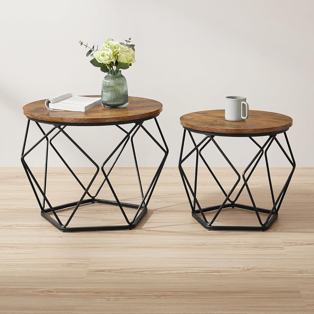 Geometric coffee table set with sculptural metal bases, brown front view.