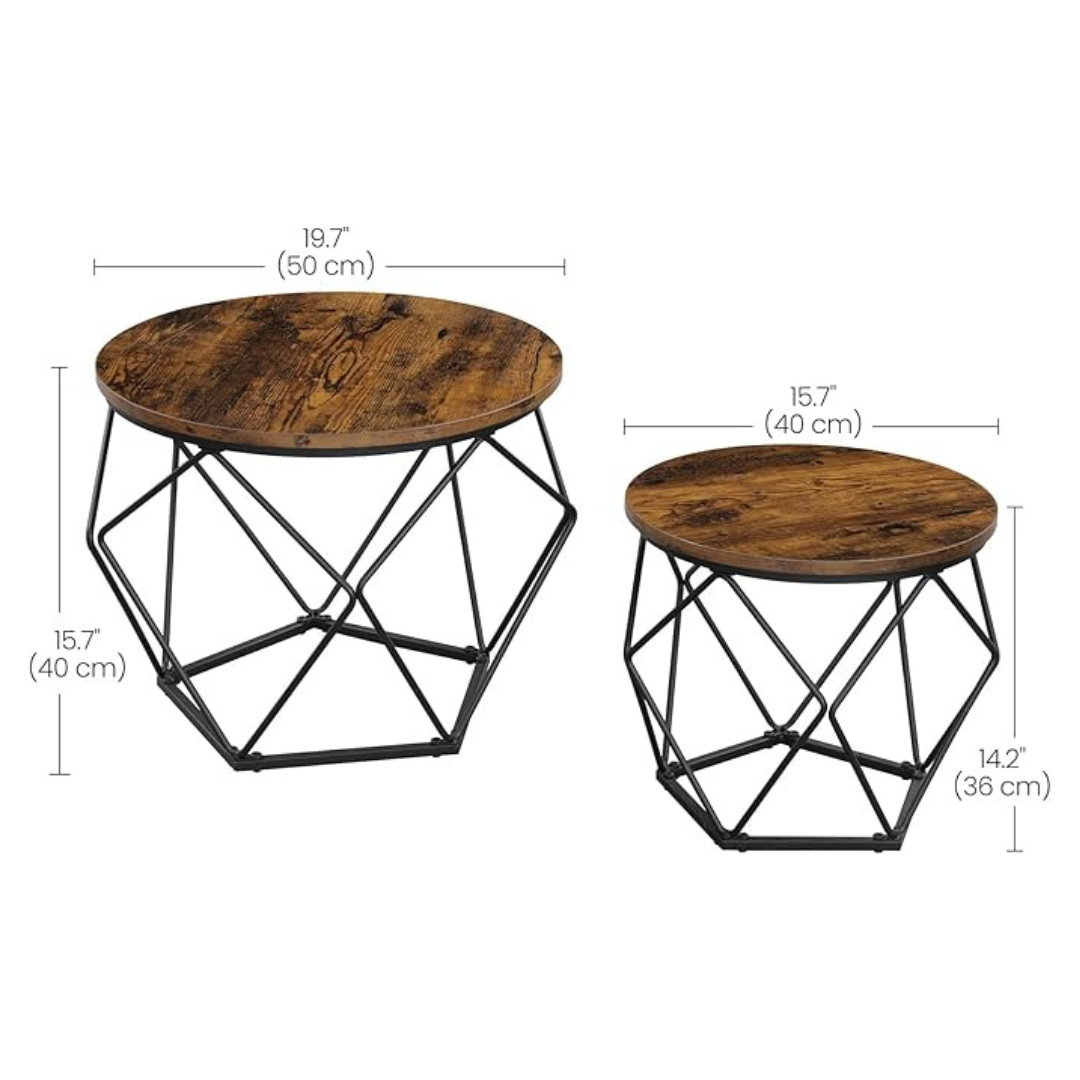 Geometric coffee table set with sculptural metal bases. dimensions.