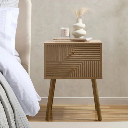 Geometric Mid Century Modern Bedside Table, Wooden nightstand with geometric design next to a bed