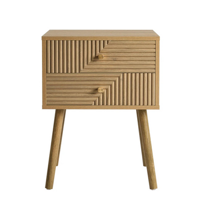 Geometric Mid Century Modern Bedside Table, white background, front view.