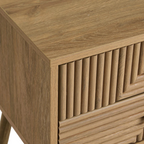 Geometric Mid Century Modern Bedside Table, Wooden side table with a slatted design on a white background