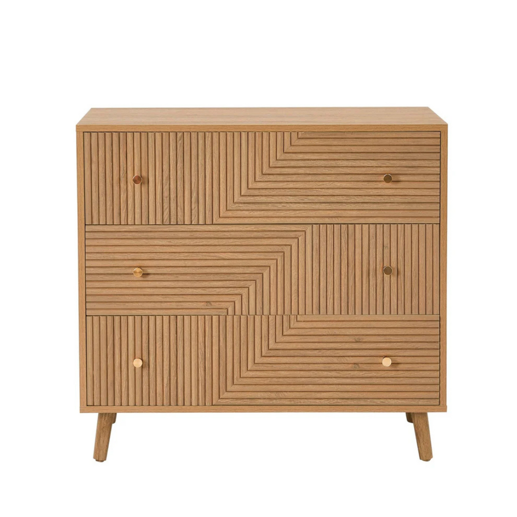 Geometric Mid Century Modern Drawers Chest, Wooden dresser with geometric pattern on a white background, front view