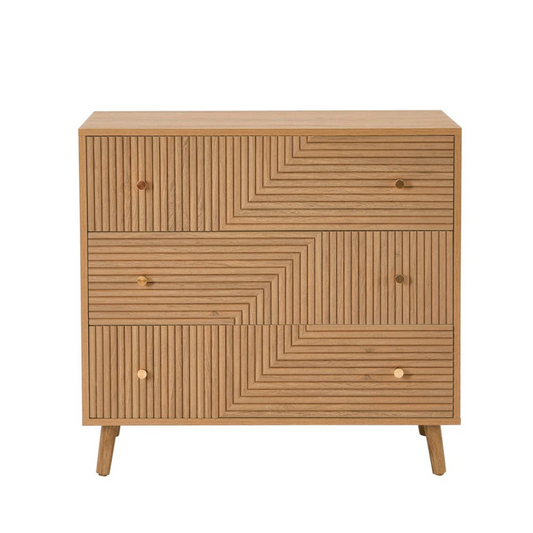 Geometric Mid Century Modern Drawers Chest, Wooden dresser with geometric pattern on a white background, front view