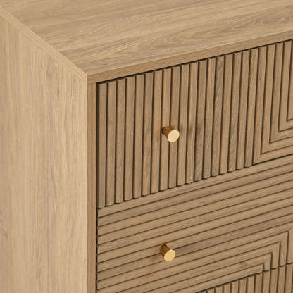Geometric Mid Century Modern Drawers Chest, Wooden cabinet with geometric pattern and gold knobs, close up to design.