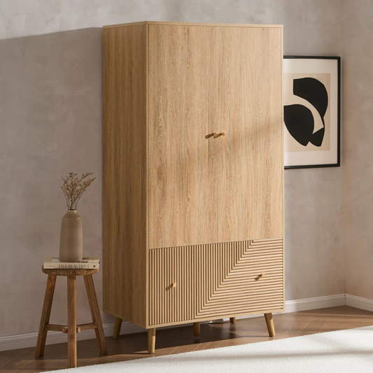 Geometric Mid Century Modern Wardrobe Wooden cabinet with geometric design in a room setting
