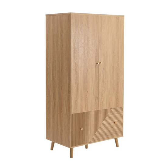 Geometric Mid Century Modern Wardrobe, Wooden wardrobe with a geometric pattern on a white background