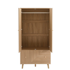 Geometric Mid Century Modern Wardrobe Wooden cabinet with open doors on a white background
