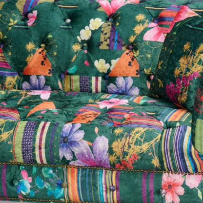 Green Floral 2 Seater Chesterfield Patchwork Sofa, close up of patchwork design.