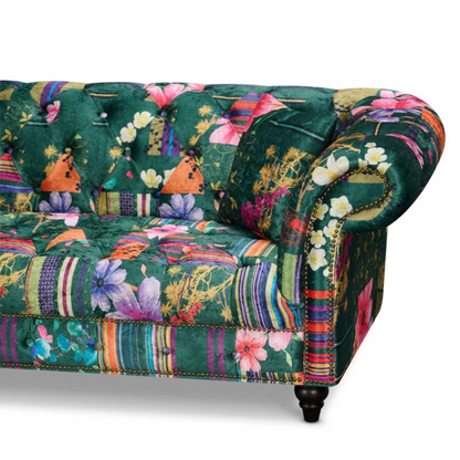 Green Floral 2 Seater Chesterfield Patchwork Sofa, close up to side sofa side.