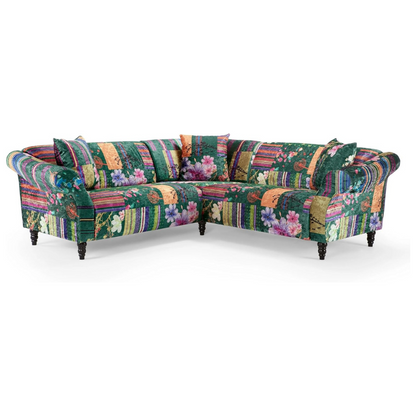 Green Multi Coloured Patchwork Corner Sofa, white background.