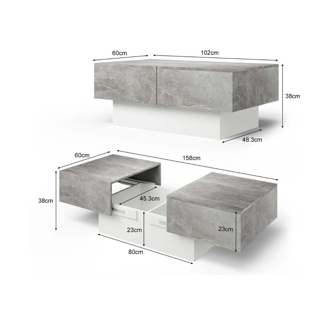 Grey modern coffee table with hidden storage drawers, dimensions.