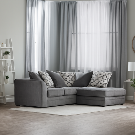 Grey Modern Corner Sofa With Pillows, white background, set in a modern home.