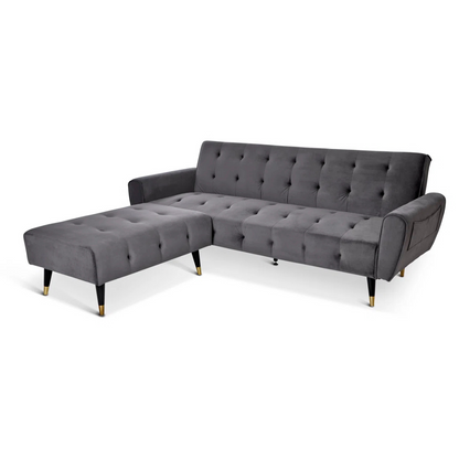 Grey Retro Style Sofa Bed With Ottoman, white background.