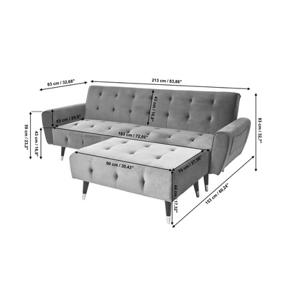 Grey Retro Style Sofa Bed With Ottoman, dimensions.