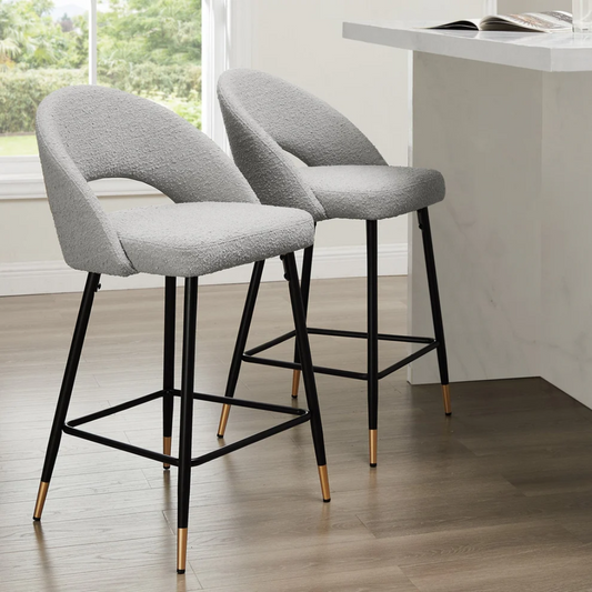 Grey Boucle Barstools Chairs - Set Of Two styled on a modern kitchen island