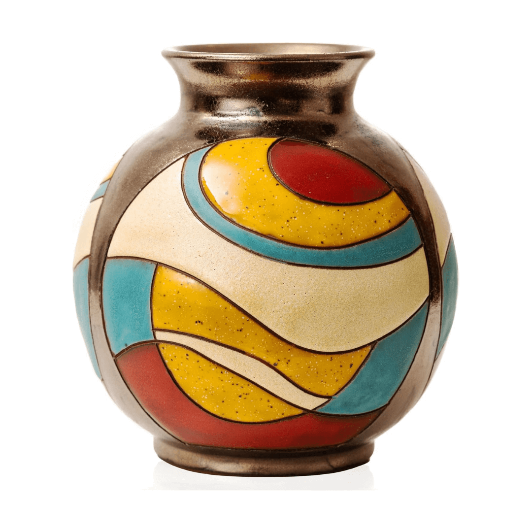 Decorative vase with colorful circular patterns on a white background