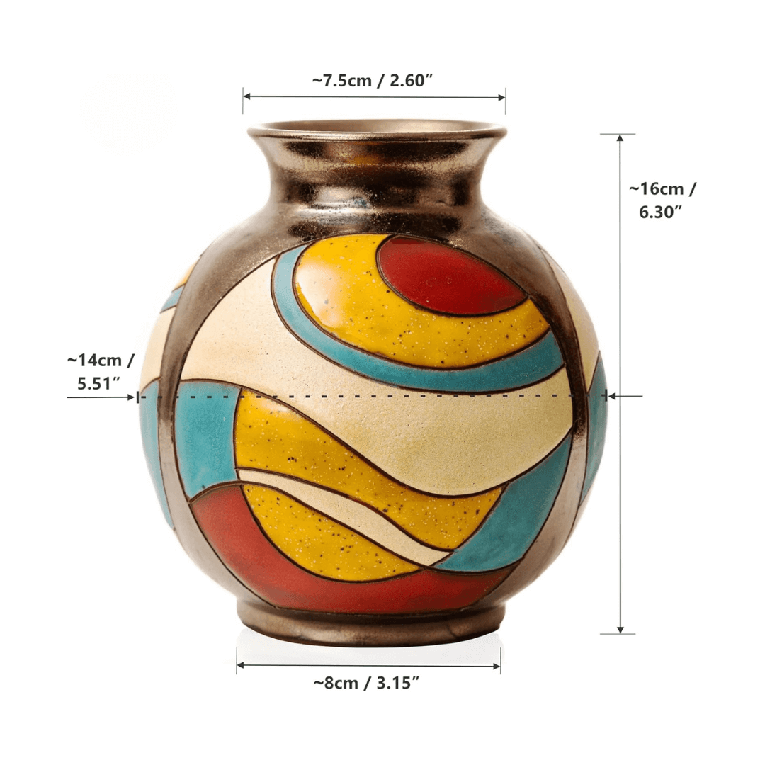 Decorative vase with colorful circular patterns and dimensions labeled on a white background