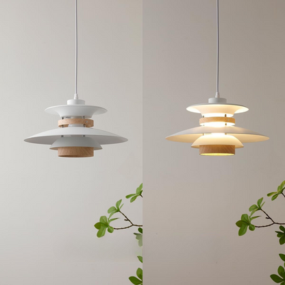 Two pendant lights with wooden accents on a neutral background