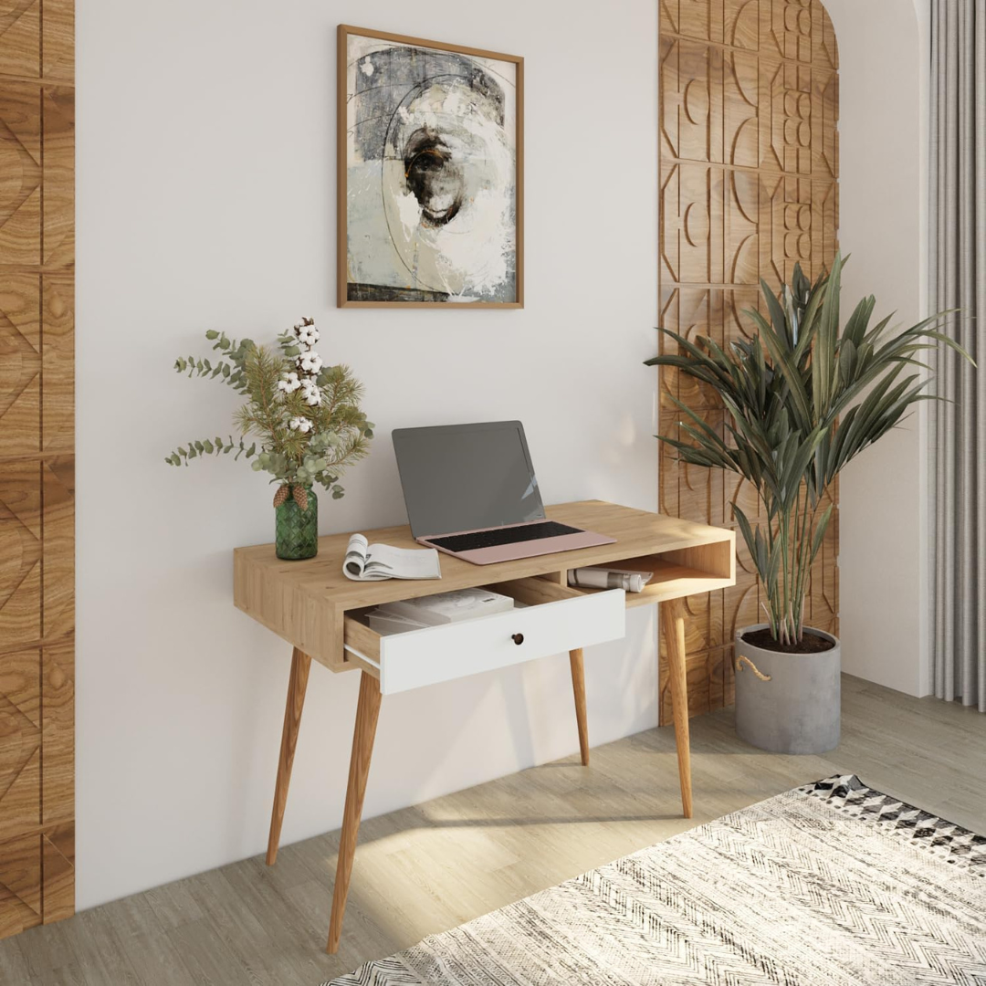 Home Office Small Mid Century Modern Desk, zoomed out, set in a modern home, with drawer open.