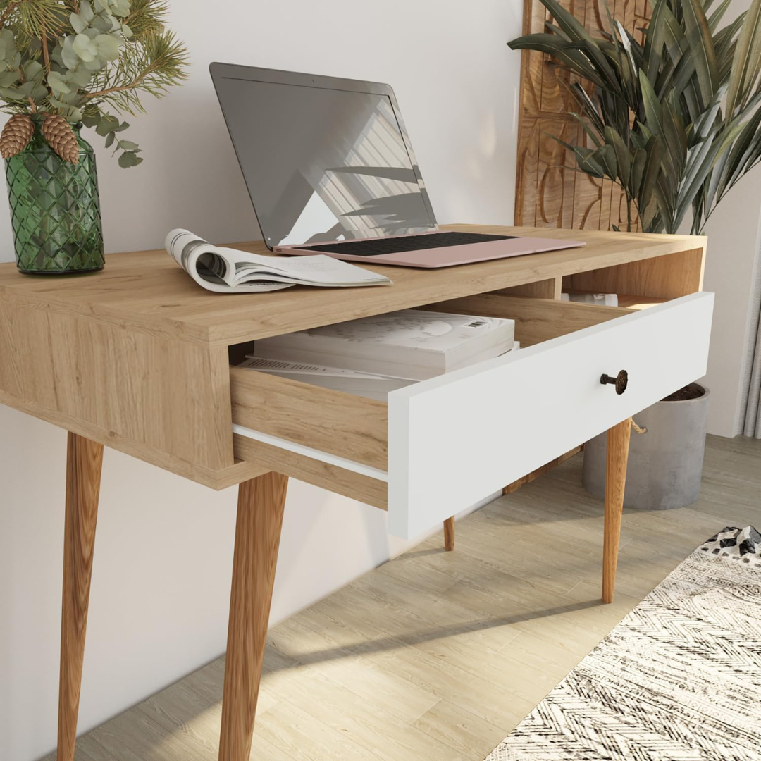 Home Office Small Mid Century Modern Desk, close up of desk.
