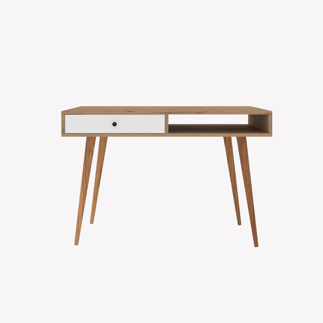 Home Office Small Mid Century Modern Desk, white background.