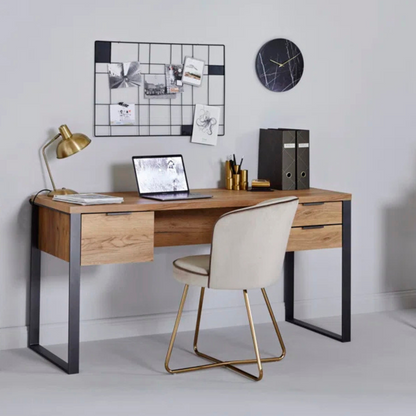 Industrial Wood Desk With Storage, set in a modern office.