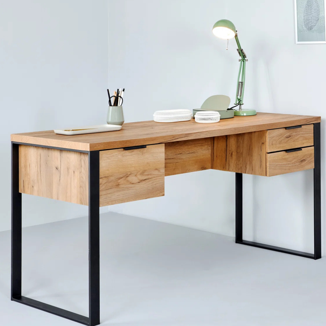 Industrial Wood Desk With Storage, set in a office room.