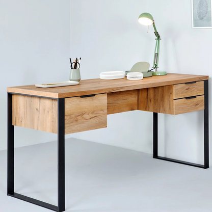 Industrial Wood Desk With Storage, set in a office room.