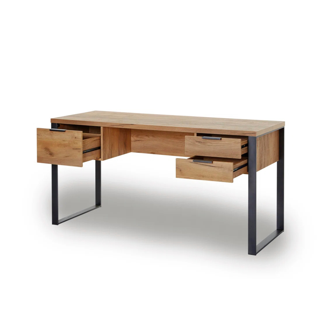 Industrial Wood Desk With Storage, angled view, white background, with drawers open.