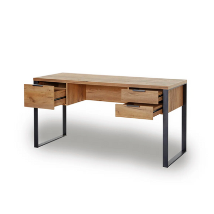 Industrial Wood Desk With Storage, angled view, white background, with drawers open.