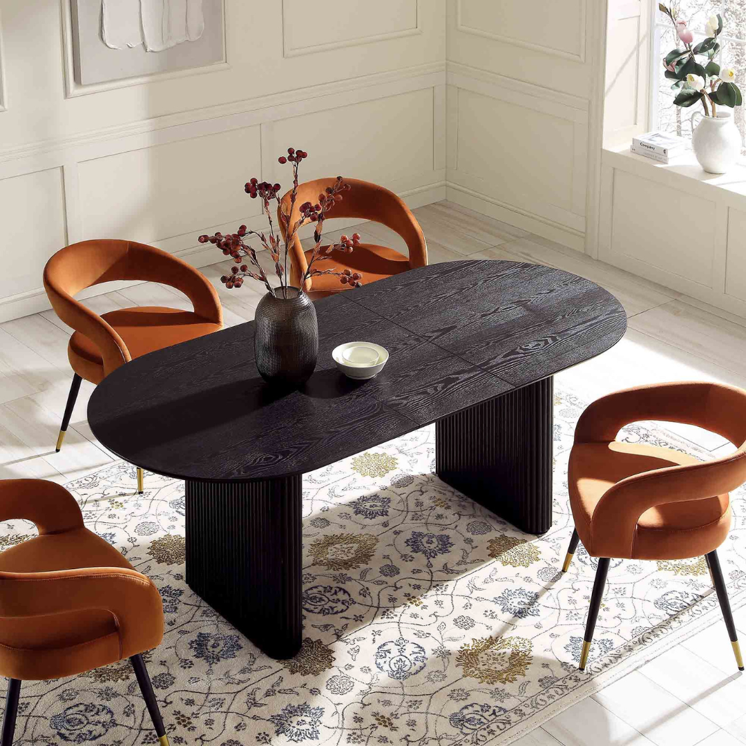 Japandi Black Oval Extending Dining Table, extended in a modern dining room, top view.
