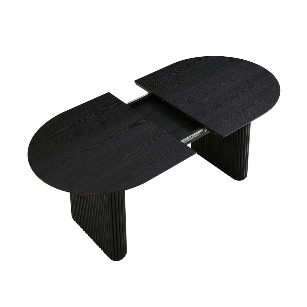 Japandi Black Oval Extending Dining Table, showing table mechanism extension.
