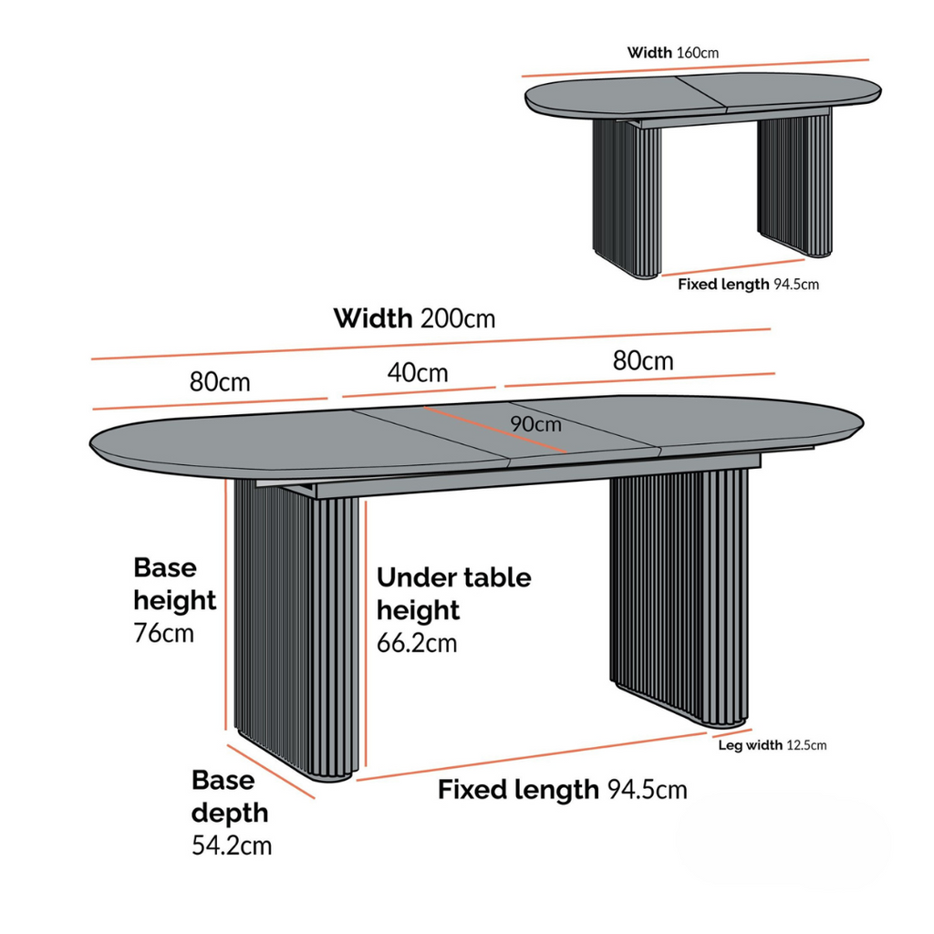 Japandi Black Oval Extending Dining Table, dimensions.