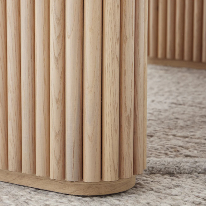 Japandi Wooden Oval Dining Table, close up to slated base.