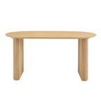 Japandi Wooden Oval Dining Table, white background, side view.