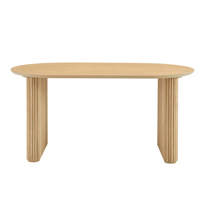 Japandi Wooden Oval Dining Table, white background, side view.