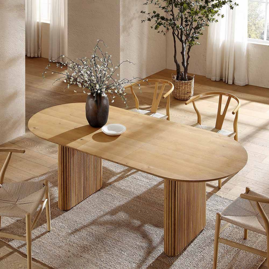 Japandi Wooden Oval Extending Dining Table, set in a modern home, top view