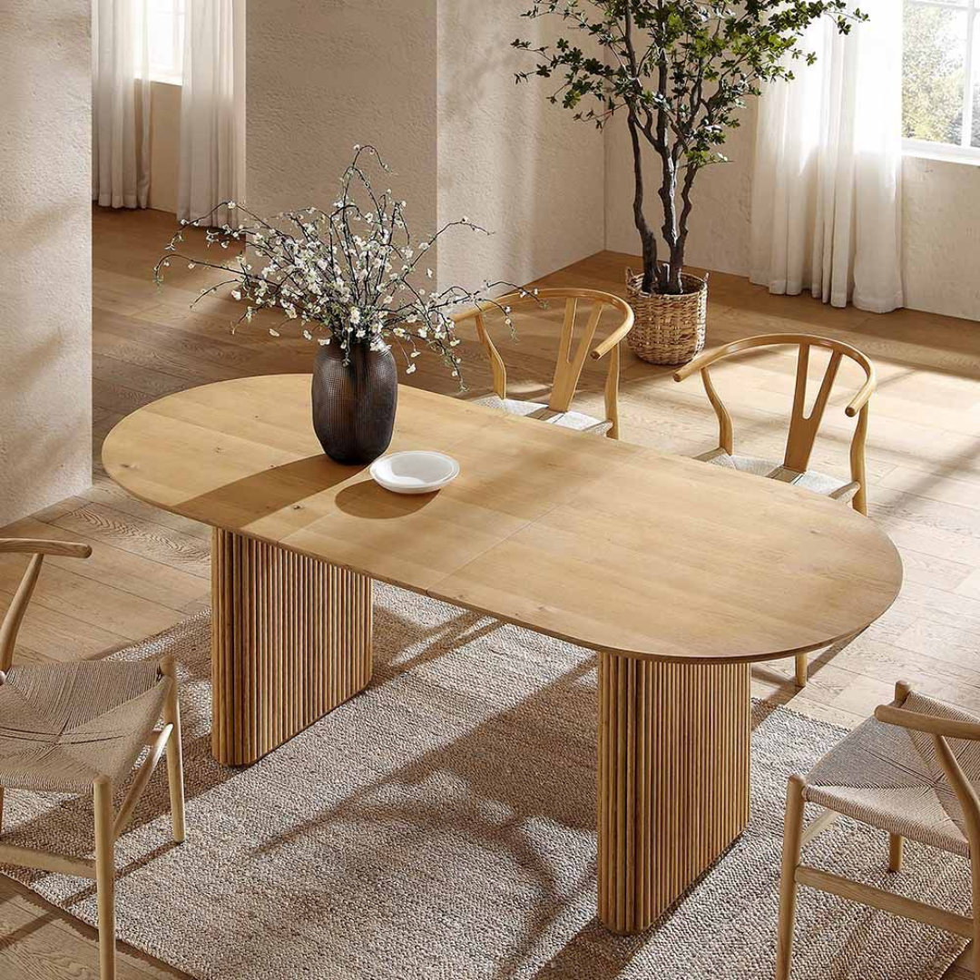 Japandi Wooden Oval Extending Dining Table, set in a modern home, top view