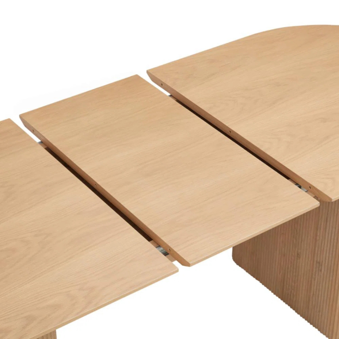 Japandi Wooden Oval Extending Dining Table, close up of table extension.