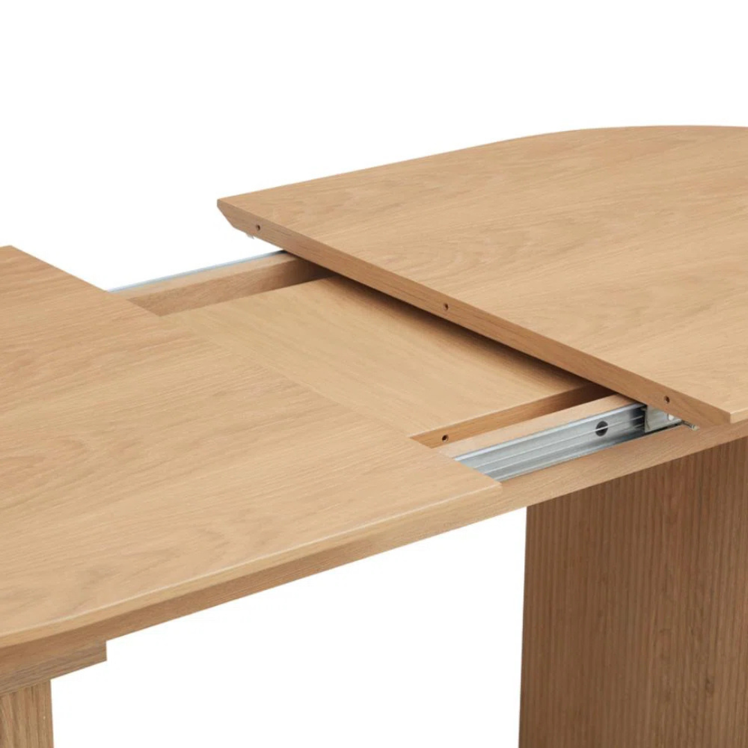 Japandi Wooden Oval Extending Dining Table, close up of table extension mechanism.