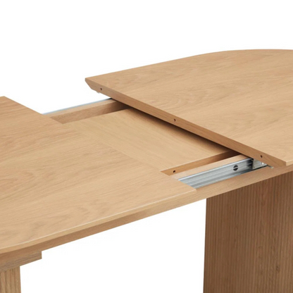 Japandi Wooden Oval Extending Dining Table, close up of table extension mechanism.