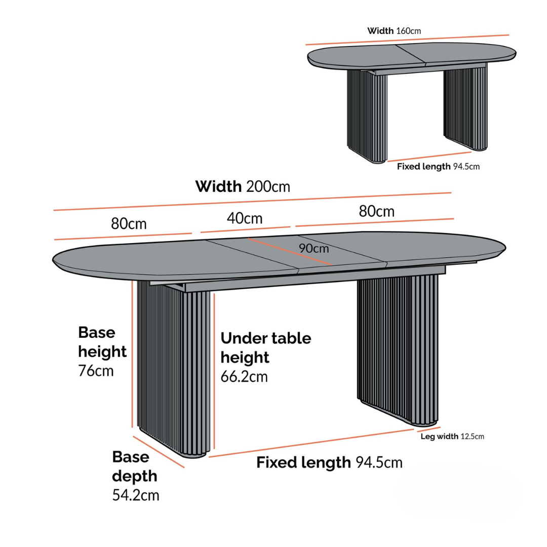 Japandi Wooden Oval Extending Dining Table, dimensions.
