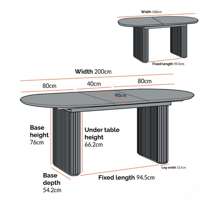 Japandi Wooden Oval Extending Dining Table, dimensions.