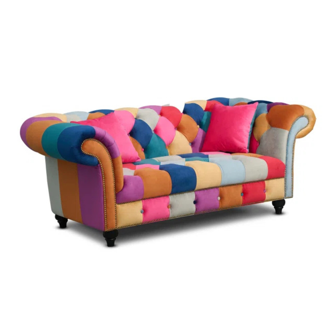 Joseph 2 Seater Chesterfield Patchwork Sofa, white background.