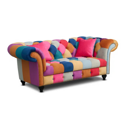 Joseph 2 Seater Chesterfield Patchwork Sofa, white background.