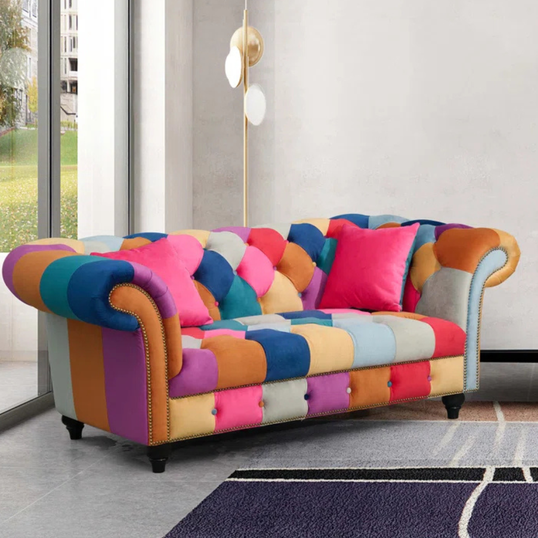 Joseph 2 Seater Chesterfield Patchwork Sofa, set in a modern home.