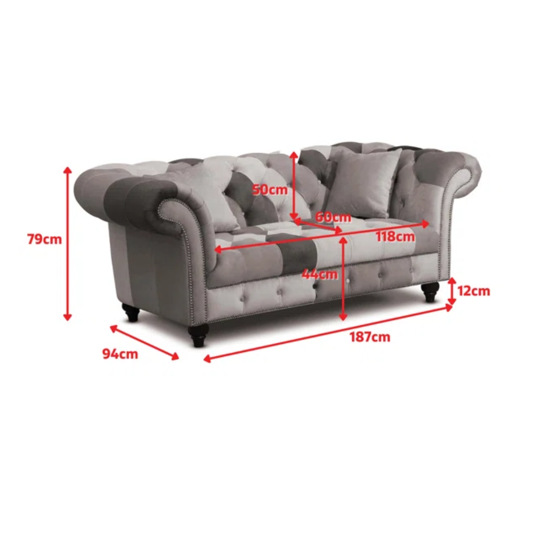 Joseph 2 Seater Chesterfield Patchwork Sofa, dimensions.